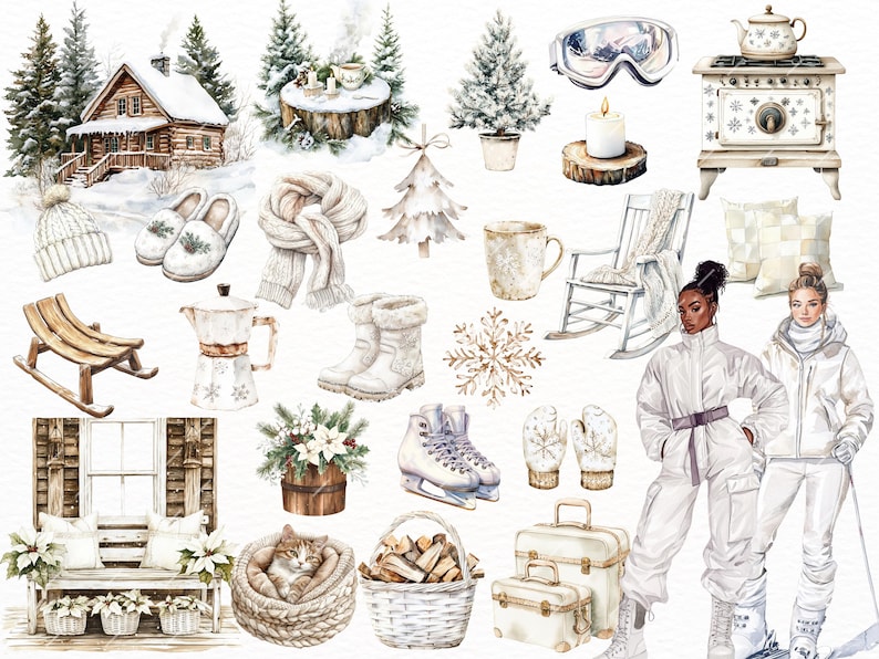 Watercolor cozy cabin clipart featuring boho Christmas elements, beige Christmas trees, sweaters, and holiday winter designs. Perfect for Christmas planners, scrapbooking, and digital projects