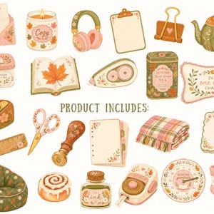 Op de afbeelding: Een verzameling herfstachtige illustraties met een roze envelop, een kaars met het label Cozy, een koptelefoon, een klembord, een binderclip, een theepot, een blik, een open boek, een tape-dispenser, een theeblik, een kussen met de tekst Just one more chapter, een puntenslijper, een schaar, een lakstempel, een liniaal, een notitieblok, een plaid, een memoblaadje, een zitzak, een kaneelbroodje, een inktpot, een labelmaker, een leestracker en sokken.