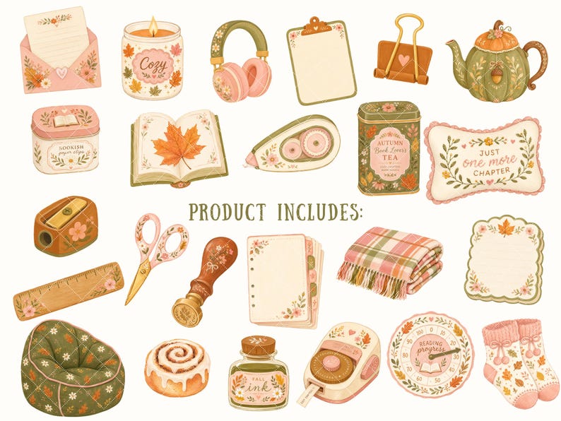 Op de afbeelding: Een verzameling herfstachtige illustraties met een roze envelop, een kaars met het label Cozy, een koptelefoon, een klembord, een binderclip, een theepot, een blik, een open boek, een tape-dispenser, een theeblik, een kussen met de tekst Just one more chapter, een puntenslijper, een schaar, een lakstempel, een liniaal, een notitieblok, een plaid, een memoblaadje, een zitzak, een kaneelbroodje, een inktpot, een labelmaker, een leestracker en sokken.