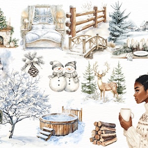 Watercolor cozy cabin clipart featuring boho Christmas elements, beige Christmas trees, sweaters, and holiday winter designs. Perfect for Christmas planners, scrapbooking, and digital projects