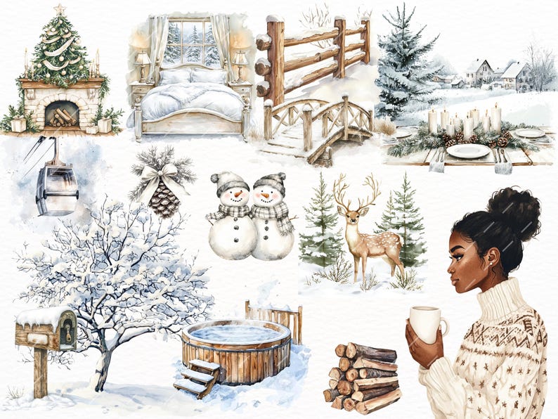 Watercolor cozy cabin clipart featuring boho Christmas elements, beige Christmas trees, sweaters, and holiday winter designs. Perfect for Christmas planners, scrapbooking, and digital projects