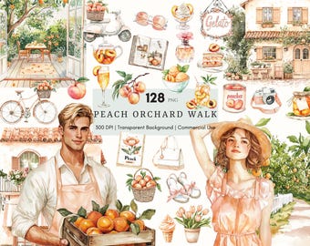 Watercolor Peach Orchard Clipart, Garden Cottagecore, Tulips, Summertime, Junk Journal, Digital Stickers Planner Clipart PNG, Boho Girl