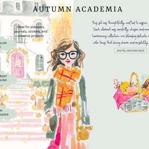 A whimsical watercolor clipart bundle titled Harvest Charm, featuring cozy autumn illustrations in bright, painterly style. Includes fall houses, pumpkins, scarves, books, turkeys, florals, and fashionable characters in warm seasonal tones. Ideal for digital stickers, planners, scrapbooking, and junk journaling. Brings a cheerful, glam fall aesthetic perfect for Thanksgiving, autumn crafting, and seasonal creative projects