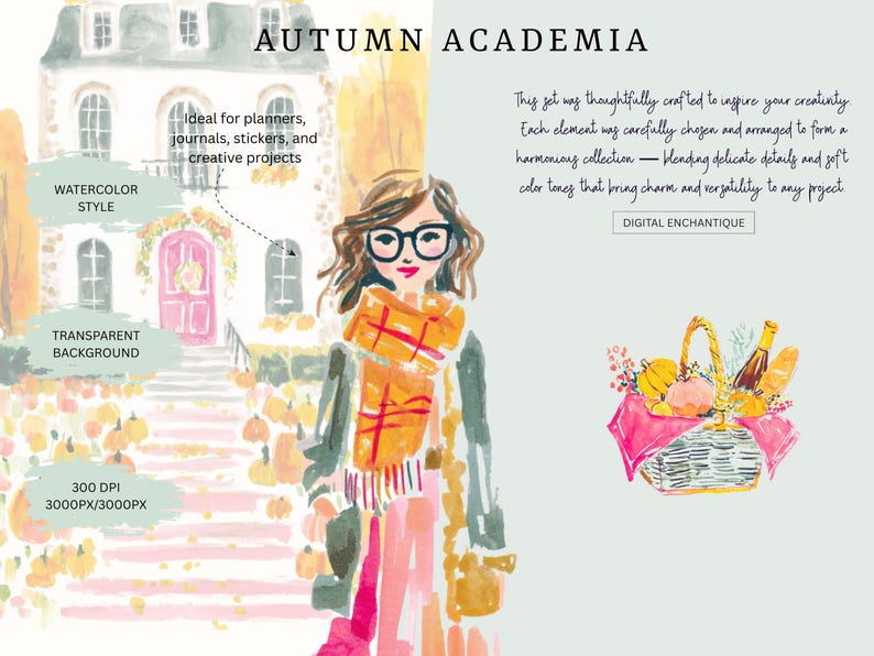 A whimsical watercolor clipart bundle titled Harvest Charm, featuring cozy autumn illustrations in bright, painterly style. Includes fall houses, pumpkins, scarves, books, turkeys, florals, and fashionable characters in warm seasonal tones. Ideal for digital stickers, planners, scrapbooking, and junk journaling. Brings a cheerful, glam fall aesthetic perfect for Thanksgiving, autumn crafting, and seasonal creative projects