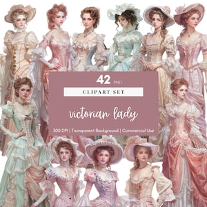 Clipart di corpo intero di una donna vittoriana Clipart di donne vittoriane vintage PNG Kit di diario di spazzatura con taglio futile Sublimazione Album di ritagli Uso commerciale