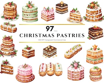 Christmas Clipart, Watercolor Dessert, Cake PNG, Bakery Patisserie Clipart, Food clipart, Sublimation Design, Kawaii Clipart, Commercial Use