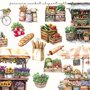 May include: Watercolour illustration of a farmer's market with various elements. Includes wooden crates filled with produce, flower stands, a bicycle with a basket, and baked goods. The text "farmers market clipart collect" is at the top.