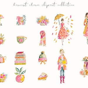 A whimsical watercolor clipart bundle titled Harvest Charm, featuring cozy autumn illustrations in bright, painterly style. Includes fall houses, pumpkins, scarves, books, turkeys, florals, and fashionable characters in warm seasonal tones. Ideal for digital stickers, planners, scrapbooking, and junk journaling. Brings a cheerful, glam fall aesthetic perfect for Thanksgiving, autumn crafting, and seasonal creative projects