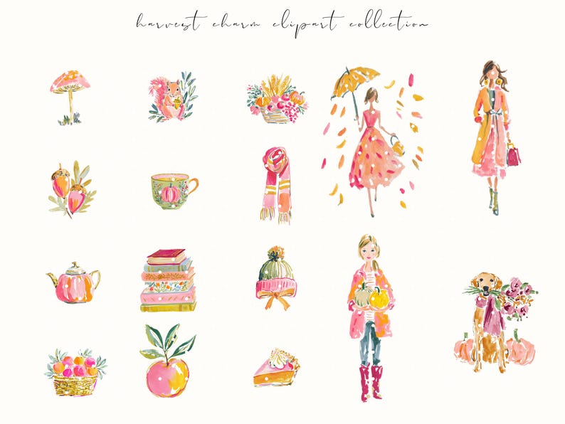 A whimsical watercolor clipart bundle titled Harvest Charm, featuring cozy autumn illustrations in bright, painterly style. Includes fall houses, pumpkins, scarves, books, turkeys, florals, and fashionable characters in warm seasonal tones. Ideal for digital stickers, planners, scrapbooking, and junk journaling. Brings a cheerful, glam fall aesthetic perfect for Thanksgiving, autumn crafting, and seasonal creative projects