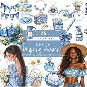 Clipart di margherite ad acquerello, margherite cottagecore, fiori primaverili, adesivi per pianificatori, clipart di pianificatori digitali, adesivi digitali, margherite denim, effimeri
