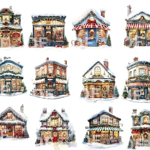 May include: A digital illustration of ten charming Christmas storefronts. Each storefront is decorated with festive greenery, garlands, and lights. The storefronts are painted in a variety of colors, including red, green, blue, and white. The storefronts are all unique and have different window displays. The illustration is perfect for a Christmas card or holiday decor.
