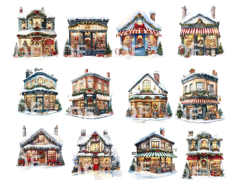 May include: A digital illustration of ten charming Christmas storefronts. Each storefront is decorated with festive greenery, garlands, and lights. The storefronts are painted in a variety of colors, including red, green, blue, and white. The storefronts are all unique and have different window displays. The illustration is perfect for a Christmas card or holiday decor.