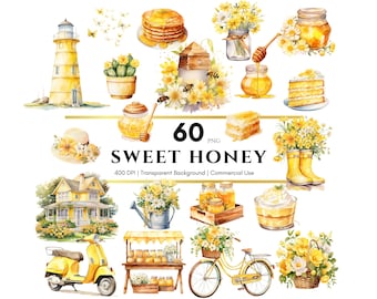 May include: A set of 60 watercolor illustrations featuring honey, bees, flowers, and other sweet treats. The illustrations are in a yellow and white color scheme and are perfect for adding a touch of sweetness to your designs.