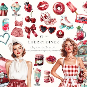 May include: Watercolor illustration of a "Cherry Diner" theme with various red and white elements. Includes a red car, retro diner, food items, and women in vintage clothing. The image has the text "75 PNG" and "Cherry Diner clipart collection".