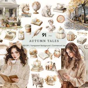 May include: A collection of watercolour illustrations with an autumnal theme. The image features a house, squirrel, globe, cat, books, coffee cup, pumpkins, and women reading. Text reads "Autumn Tales".