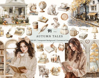 Clipart de otoño en acuarela, gráficos otoñales, chica amante de los libros, diario basura, pegatinas para agenda, ratón de biblioteca, biblioteca, ambiente otoñal, estilo cottagecore