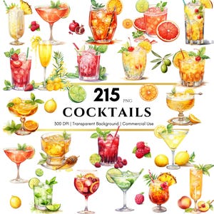 Más de 200 imágenes prediseñadas de cócteles en acuarela, cócteles de autor, imágenes prediseñadas de cerveza, imágenes prediseñadas de vino, ilustraciones PNG de alcohol, descarga digital, uso comercial