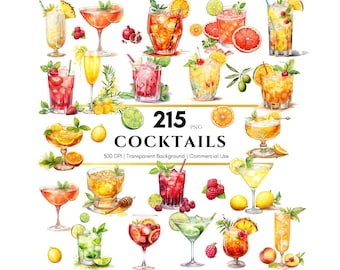 200+ Cocktail Watercolor Clipart, Signature Cocktail, Beer Clipart, Wine Clipart, Alcohol PNG Illustration, Digital Download, Commercial Use