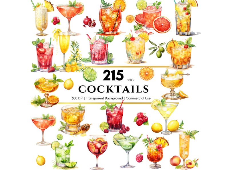 May include: Watercolor illustration of various cocktails, including martinis, highballs, and other mixed drinks. The image features a variety of fruits, garnishes, and the text "215 COCKTAILS PNG". The drinks are in different glasses.