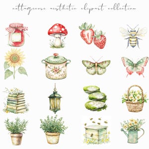 Watercolor cottagecore clipart featuring rustic elements, vintage-inspired designs, and spring floral ephemera. Perfect for digital planners, journaling stickers, and scrapbooking