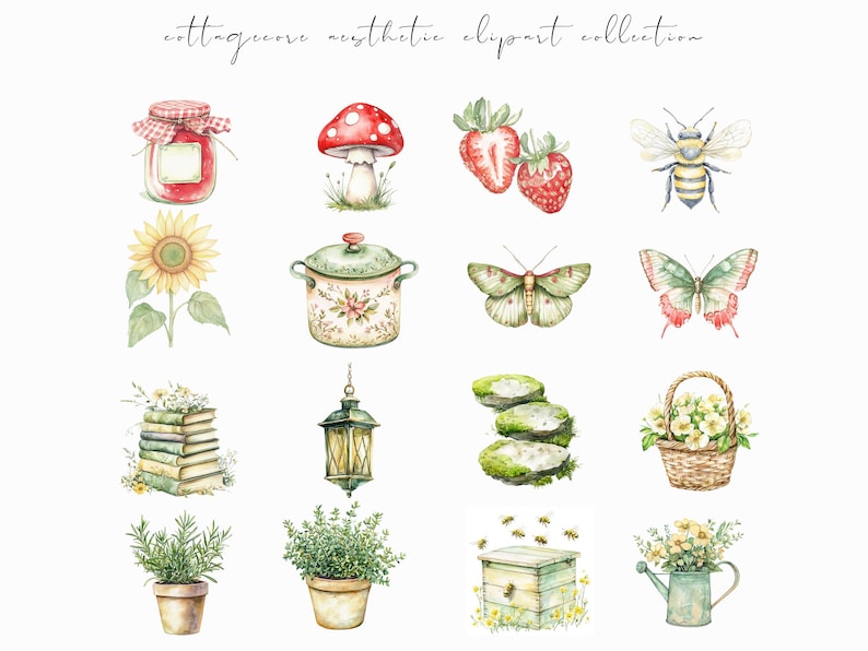 Watercolor cottagecore clipart featuring rustic elements, vintage-inspired designs, and spring floral ephemera. Perfect for digital planners, journaling stickers, and scrapbooking