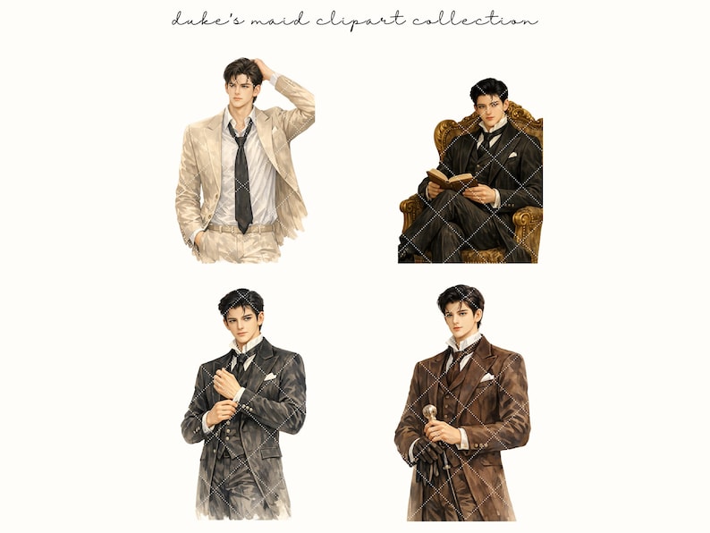 Op de afbeelding: Digitale clipartcollectie met vier illustraties van een man in formele kleding. De afbeeldingen tonen de man in een beige pak, een zwart pak tijdens het lezen, een donkergrijs pak en een bruin pak met een wandelstok. De tekst "duke's maid clipart collection" staat bovenaan.