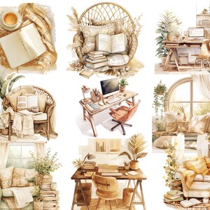 May include: A collection of watercolor illustrations depicting cozy home office spaces with wicker chairs, books, plants, and desks. The illustrations feature a warm color palette of beige, brown, and cream.
