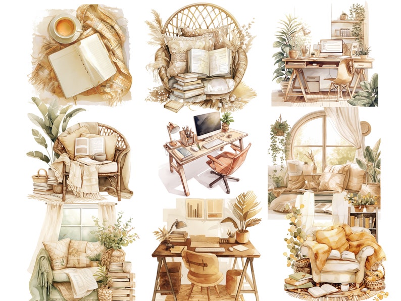 May include: A collection of watercolor illustrations depicting cozy home office spaces with wicker chairs, books, plants, and desks. The illustrations feature a warm color palette of beige, brown, and cream.