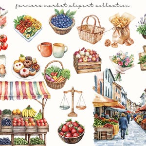 May include: Watercolour illustration of a farmer's market with various food items. Includes fresh produce, baked goods, flowers, and a market scene with stalls and people. The text "farmers market clipart collection" is at the top.