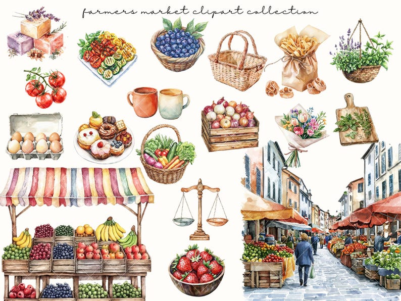 May include: Watercolour illustration of a farmer's market with various food items. Includes fresh produce, baked goods, flowers, and a market scene with stalls and people. The text "farmers market clipart collection" is at the top.