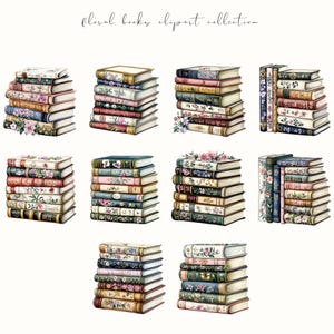 Floral book clipart featuring book stacks with flowers, perfect for booklovers and bookish aesthetics. Ideal for digital planners, stickers, and cozy creative projects.