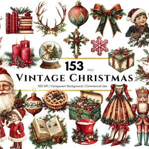 Peut inclure: Un ensemble de 153 illustrations de Noël vintage au format PNG. Les illustrations comprennent une variété de thèmes de Noël, tels que le Père Noël, un casse-noisette, un sapin de Noël, des décorations et des cadeaux. Les illustrations sont parfaites pour créer des objets artisanaux festifs, des cartes et d'autres projets.