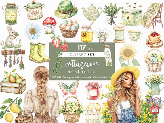 Watercolor Cottagecore Clipart Rustic Clipart Planner Stickers Digital Planner Clipart Vintage PNG Digital Stickers Spring Floral Ephemera
