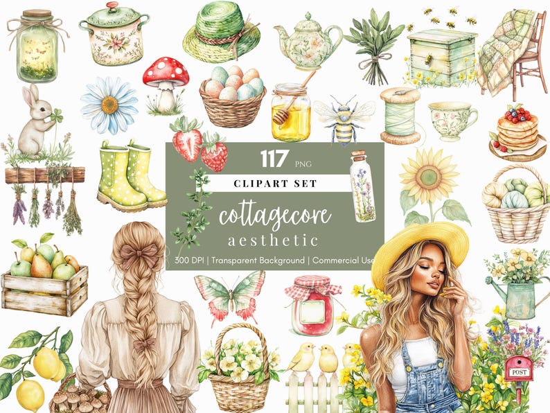 Watercolor cottagecore clipart featuring rustic elements, vintage-inspired designs, and spring floral ephemera. Perfect for digital planners, journaling stickers, and scrapbooking