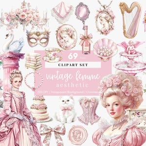 Watercolor Pink Vintage Clipart Rococo Aesthetic Clipart Planner Stickers Digital Planner Clipart Victorian Ephemera PNG Digital Stickers