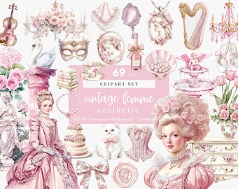 Pode incluir: Um conjunto de 69 imagens clipart de estética feminina vintage. As imagens incluem uma harpa, um candelabro, uma fonte, um cisne, uma máscara, uma pilha de livros, uma xícara de chá, um bolo, um gato, um corpete, um laço, um selo, um espelho, uma garrafa de champanhe, um colar de pérolas, uma concha de pérolas, um buquê de rosas cor-de-rosa, um buquê de tulipas, uma estátua, uma mulher com um vestido rosa e uma mulher com um vestido rosa e uma grande peruca branca.