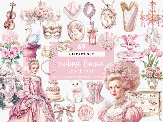 Watercolor Pink Vintage Clipart Rococo Aesthetic Clipart Planner Stickers Digital Planner Clipart Victorian Ephemera PNG Digital Stickers