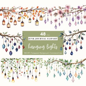 Aquarelle suspendue lumières Clipart guirlandes lumineuses Boho clip art cristaux lanternes PNG Cottagecore Junk Journal éphémères frontière coin Scrapbooking