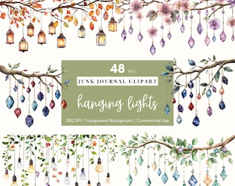 Watercolor Hanging Lights Clipart Fairy Lights Boho clip art Crystals Lanterns PNG Cottagecore Junk Journal Ephemera Border Corner Scrapbook