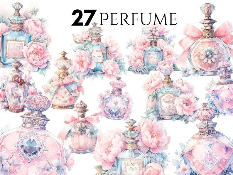 Puede incluir: Una colecci&oacute;n de 27 frascos de perfume de estilo vintage con detalles intrincados y delicados acentos florales. Los frascos est&aacute;n rodeados de flores rosas y blancas, creando una est&eacute;tica rom&aacute;ntica y elegante.