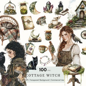 Aquarel cottage heks clipart, cottagecore, magische heks clip art png, heks png, plakboek, pagan junk Journal, digitale stickers planner