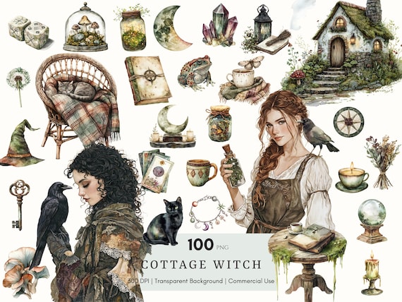 Watercolor Cottage Witch Clipart, Cottagecore, Magic Witch Clip Art PNG, Witch PNG, Scrapbook, Pagan Junk Journal, Digital Stickers Planner