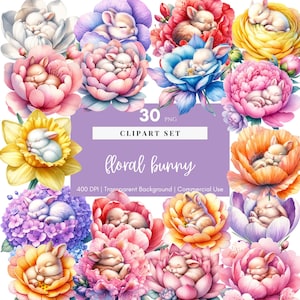 Clipart slaperig konijntje, konijntje en bloem, kwekerij png, aquarel konijntje, digitale sticker, sublimatie, ongewenste dagboek, plakboek, commercieel gebruik