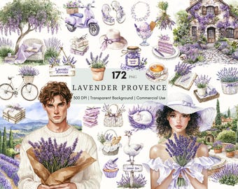 Watercolor Lavender Provence Clipart, Rustic French Planner Sticker, Travel PNG, Floral Clipart, Cottagecore Lavender Ephemera, Junk Journal