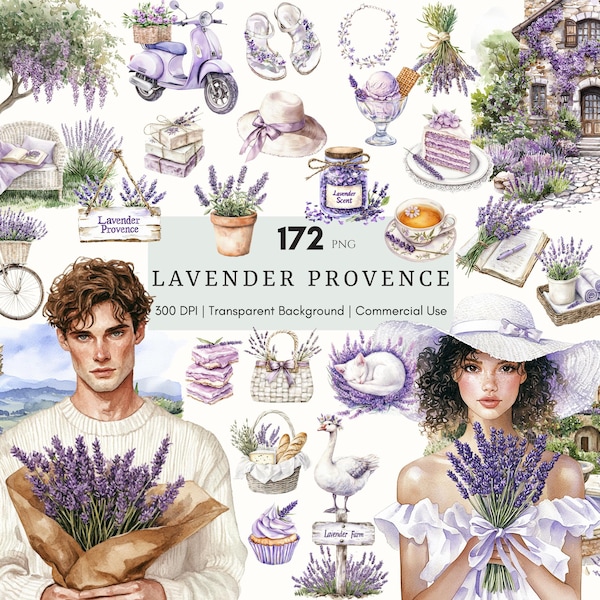 Watercolor Lavender Provence Clipart, Rustic French Planner Sticker, Travel PNG, Floral Clipart, Cottagecore Lavender Ephemera, Junk Journal