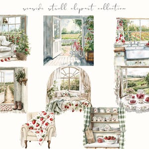 Watercolor strawberry harvest clipart featuring spring and summer cottagecore elements. Perfect for digital stickers, planners, and junk journal projects with a fresh, botanical feel.