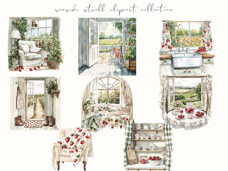 Watercolor strawberry harvest clipart featuring spring and summer cottagecore elements. Perfect for digital stickers, planners, and junk journal projects with a fresh, botanical feel.