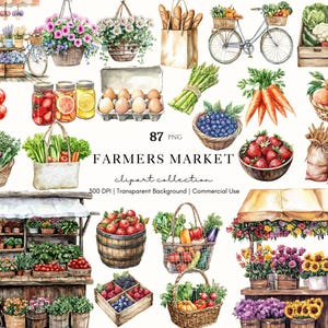 Puede incluir: Ilustración en acuarela de un mercado de agricultores con diversos productos y arreglos florales. Se exhiben cestas de bayas, verduras y frutas junto con frascos de conservas, huevos y una bicicleta. El texto "FARMERS MARKET" es visible.