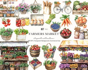 Watercolor Farmers Market Clipart Bundle, Fruit Veggies Floral Stall PNG, Rustic Market Stand, Grocery Stickers