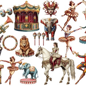 Vintage Circus Clipart featuring clowns, carnival elements, and fair cards. Perfect for junk journals, digital scrapbooking, printable ephemera, and carnival-themed projects.